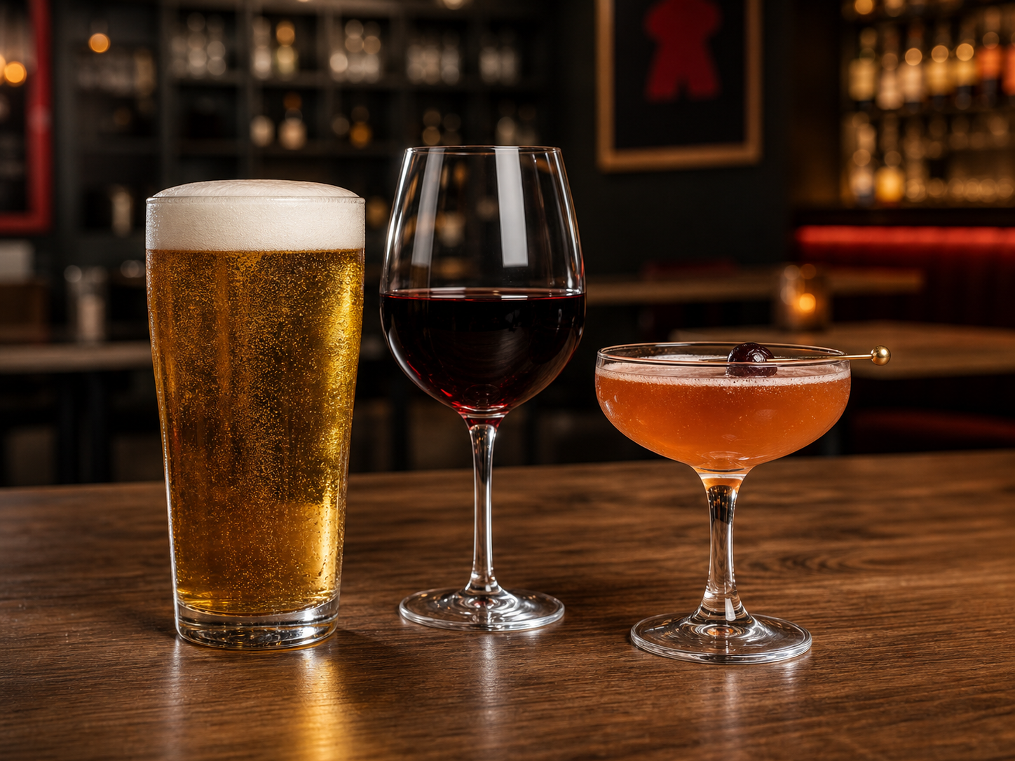Beer, wine, and cocktail service on a bar