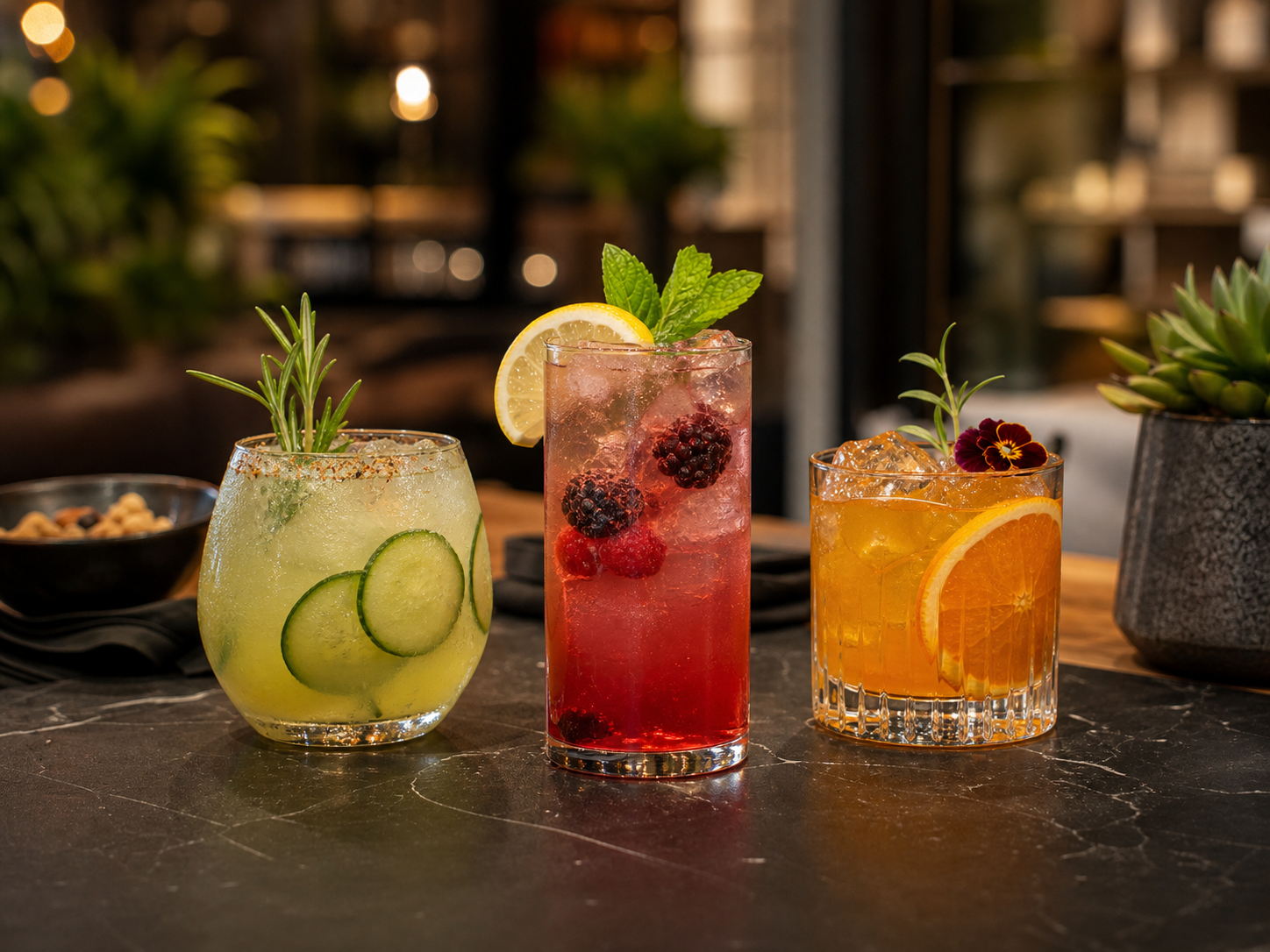 Zero-proof cocktails with fruit and herbs