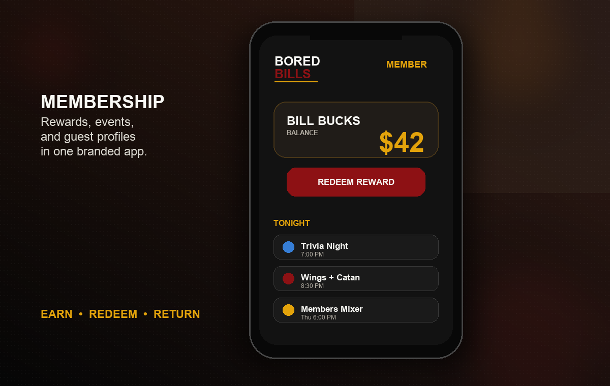 Bored Bills membership rewards app mockup