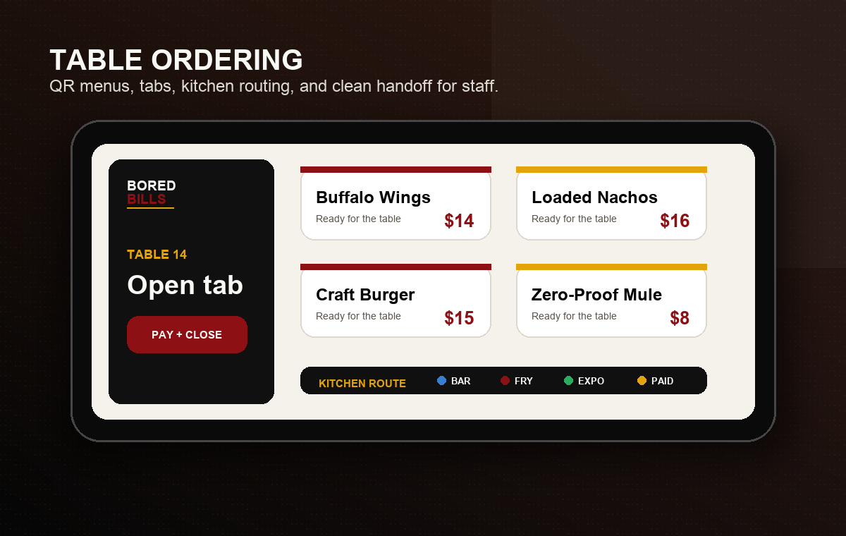 Bored Bills table ordering app mockup