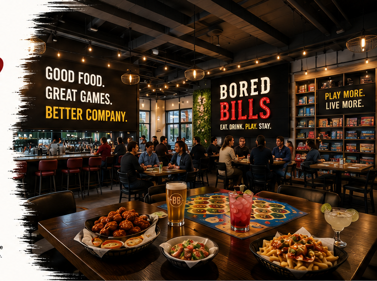 Bored Bills lounge with games, food, and drinks